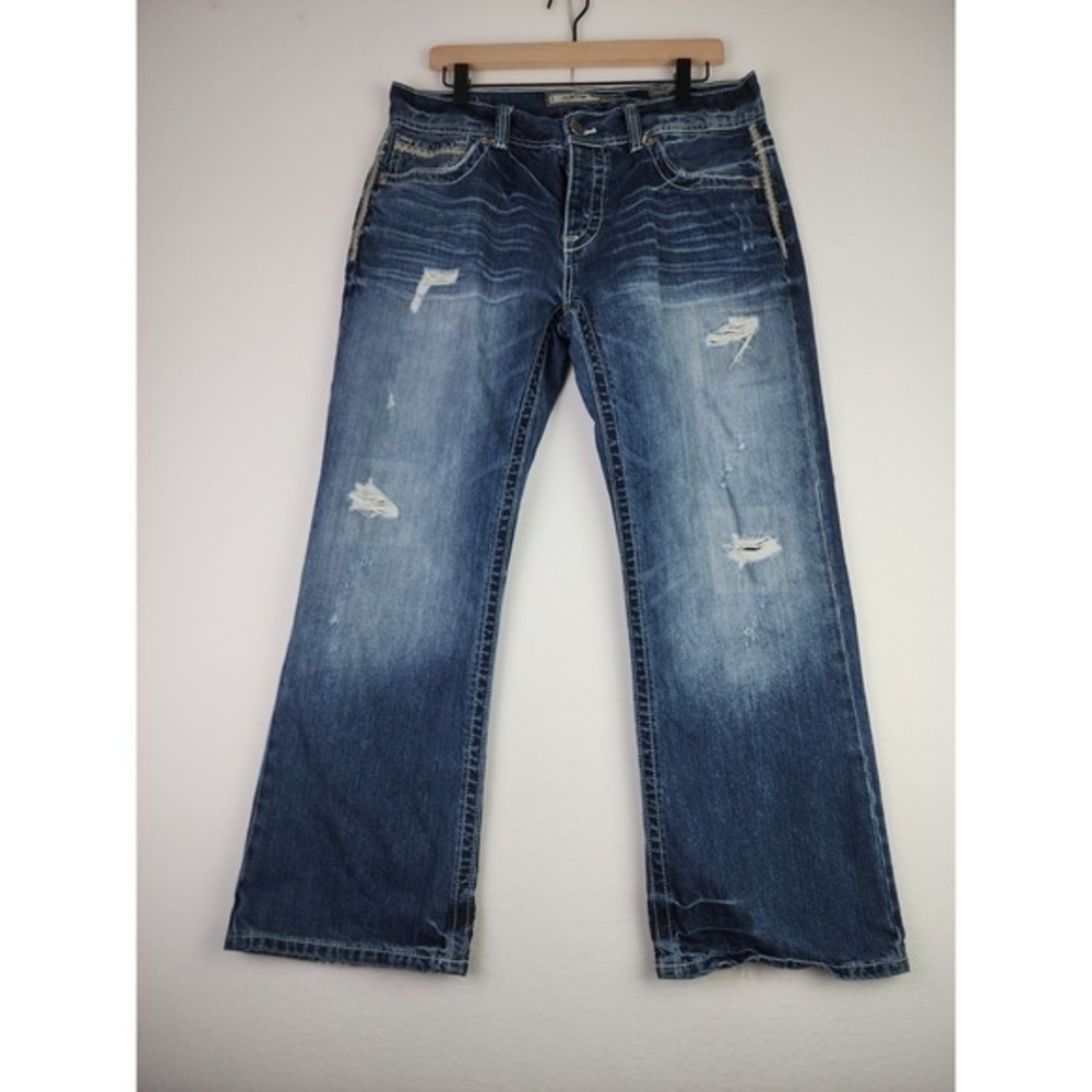 BKE Justin Jeans Men's 34S Blue Justin Denim Stretch Faded Whiskers Distressed